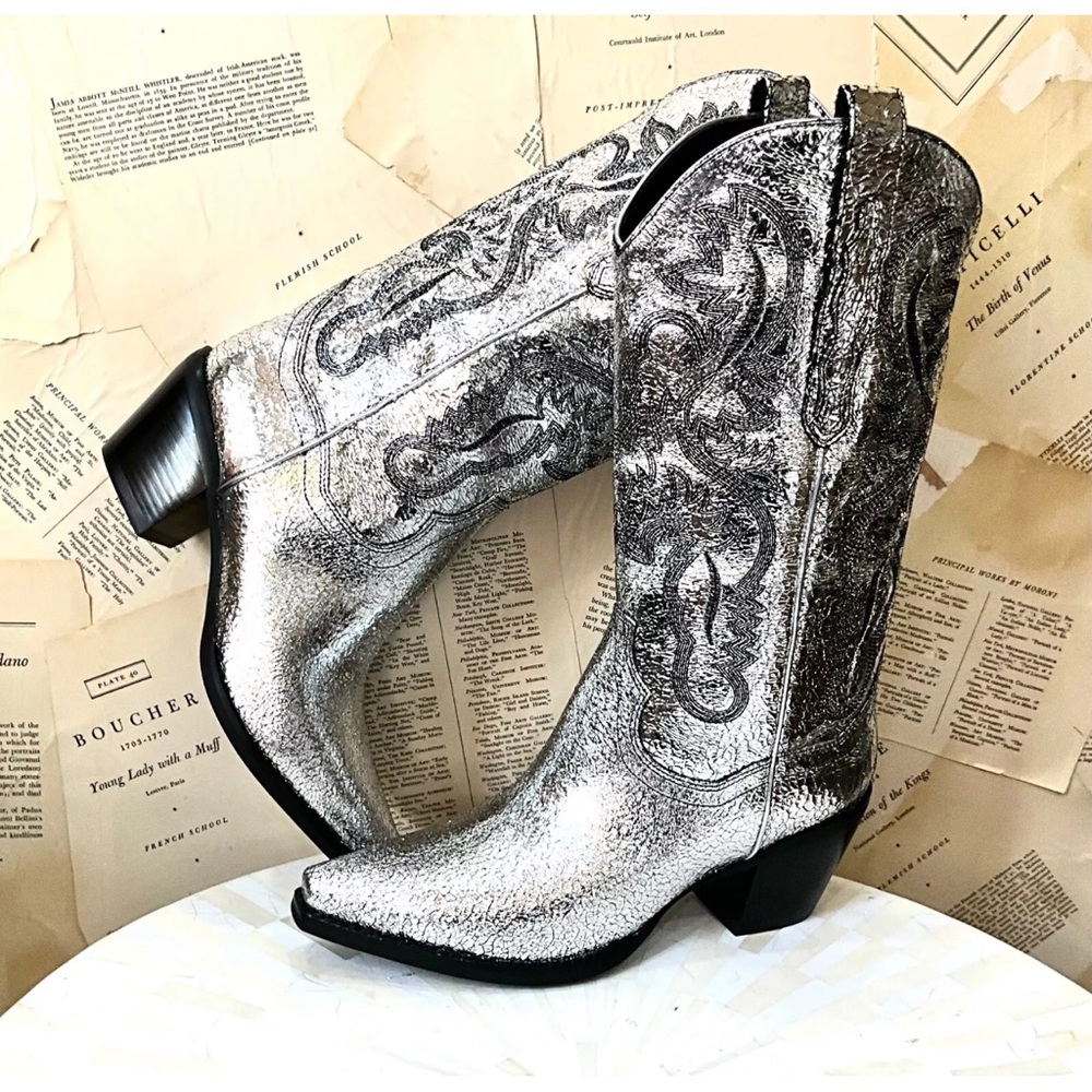 Free People Jeffrey Campbell Dagget Western Boot Silver Crackle Leather - Picture 6 of 10